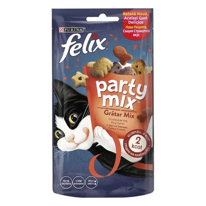 FELIX Party Mix Mixed Grill Recompense pentru Pisici, cu Vită, Pui si Somon, 60 g – Snack Crocant și Aromat pentru Răsfățul Zilnic