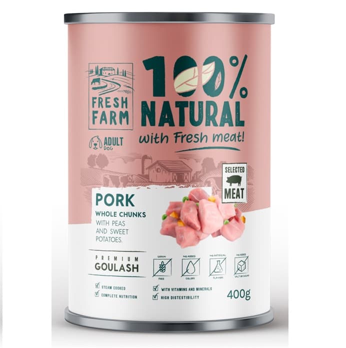 FRESH FARM Goulash cu Porc (80%), Mazare Verde si Cartofi Dulci, 400 g - Hrana Umeda Fara Cereale pentru Caini, Reteta Gatita la Aburi