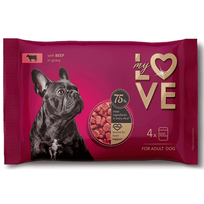 MY LOVE Hrana Umedă Completă pentru Câini cu Vită 4 x 100 g | Bucățele Fragede în Sos pentru Câini Adulți