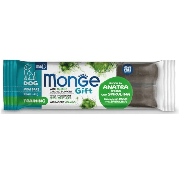MONGE Gift Dog Training, cu Rata si Spirulina, Recompensa Antistress Pentru Caini, 2 Batoane, 40g