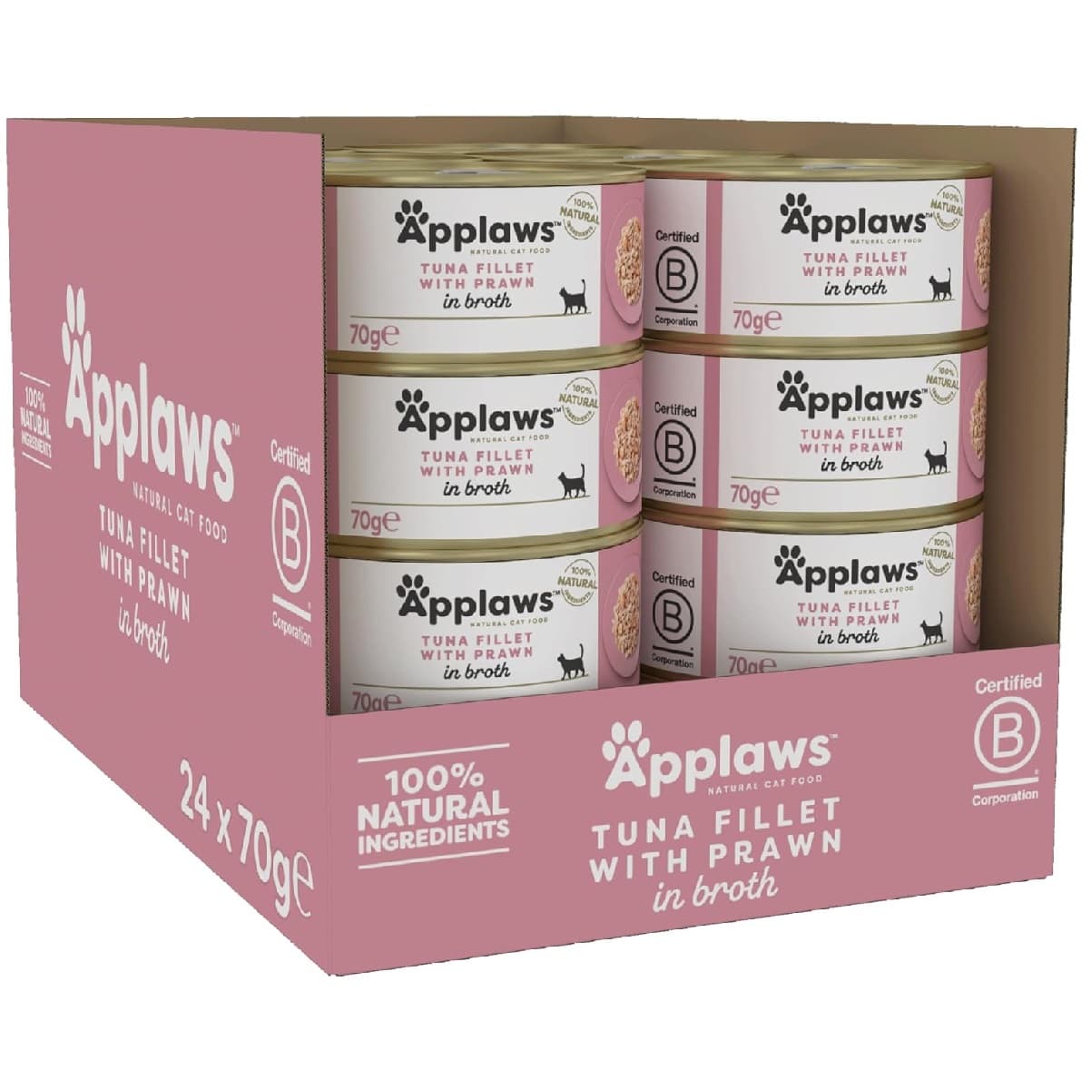 APPLAWS 100% Natural, Bax Conserve Hrana Umeda Pisica, Ton Fillet si Creveti in Supa, 24x70g