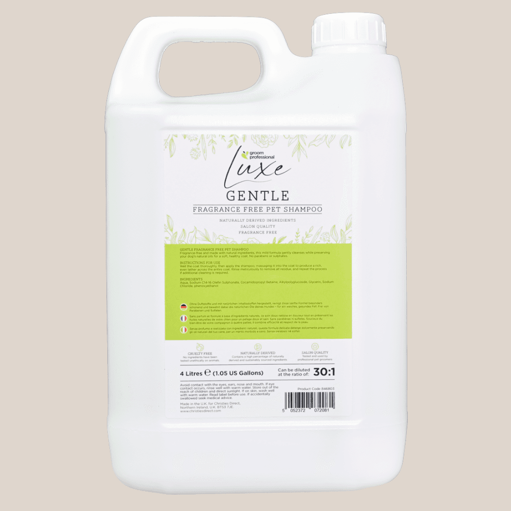 GROOM PROFESSIONAL Luxe Gentle Fragrance Free, 4 Ll - Sampon Delicat Fara Parfum Concentrat 30:1 pentru Caini cu Piele Sensibila sau Probleme Dermatologice