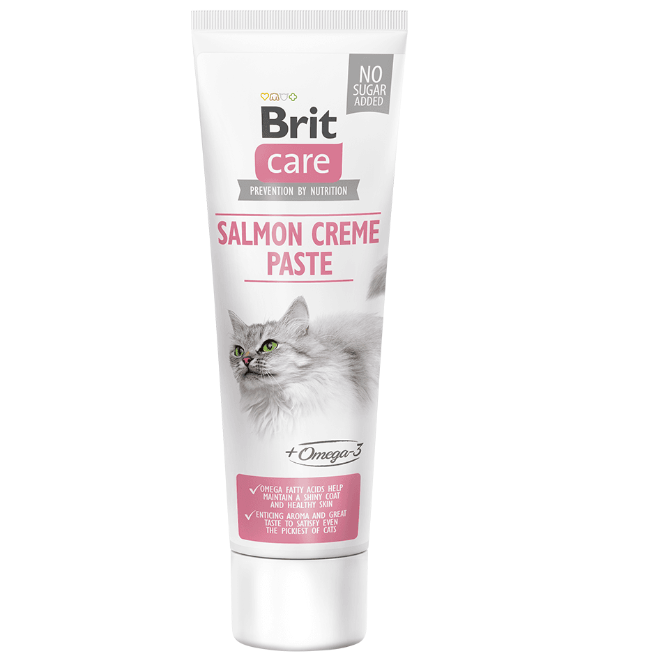 BRIT CARE Salmon Creme Paste, Somon si Omega 3, Recompensa Functionala Pisici, Piele si Blana Sanatoase, Pasta, 100g