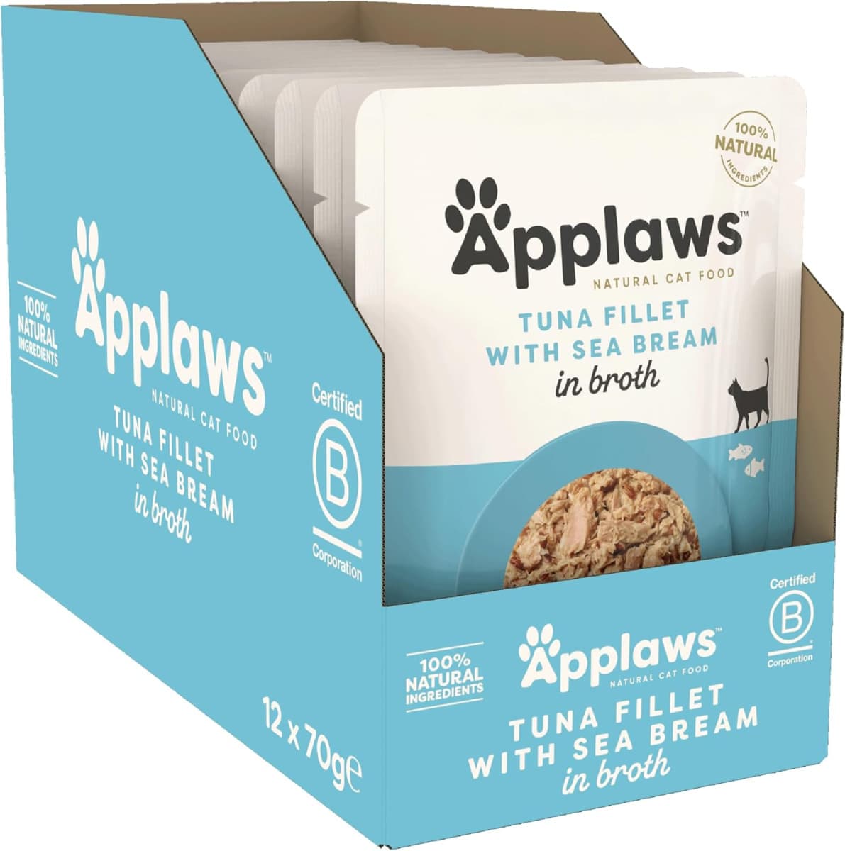 APPLAWS 100% Natural Bax Hrana Umeda Pisici, Fillet Ton si Dorada in Supa, 12x70g