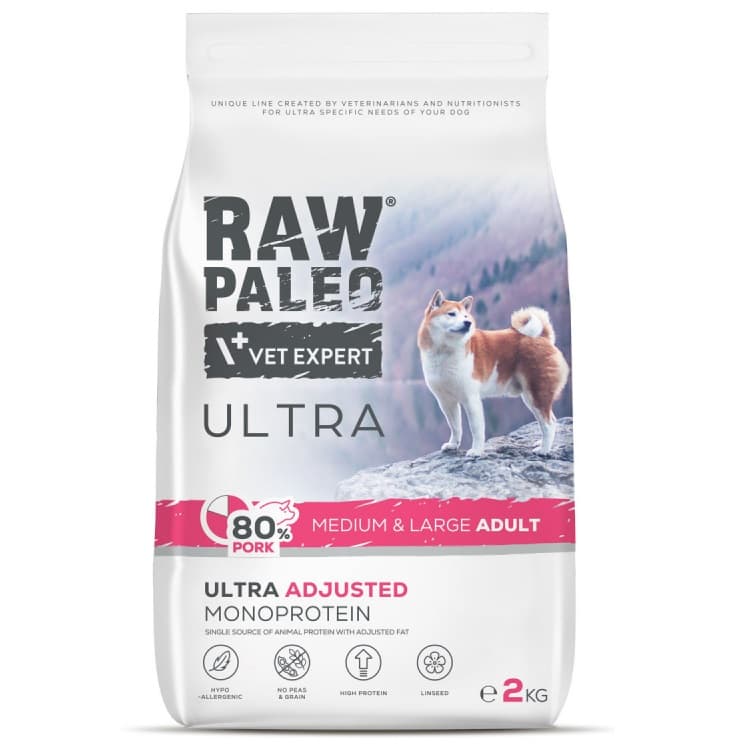 RAW PALEO Medium / Large Adult, cu Porc, Hrana Uscata Monoproteica Fara Cereale, Pentru Caini Talie Medie / Mare,2kg