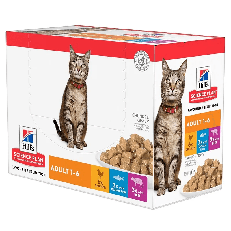 HILL'S Science Plan Feline Adult, cu Pui, Vita si Peste Oceanic, Multipack 12×85 g