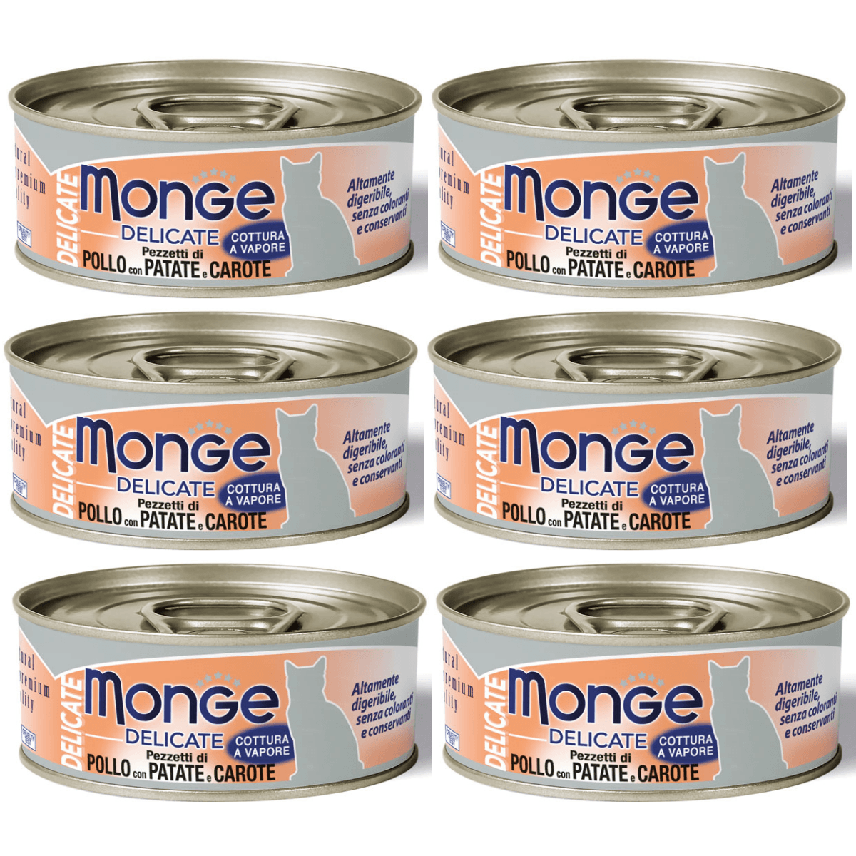 MONGE Delicate Cat, cu Pui, Cartofi si Morcovi, Set Conserve Hrana Umeda Pentru Pisici, 6x80g