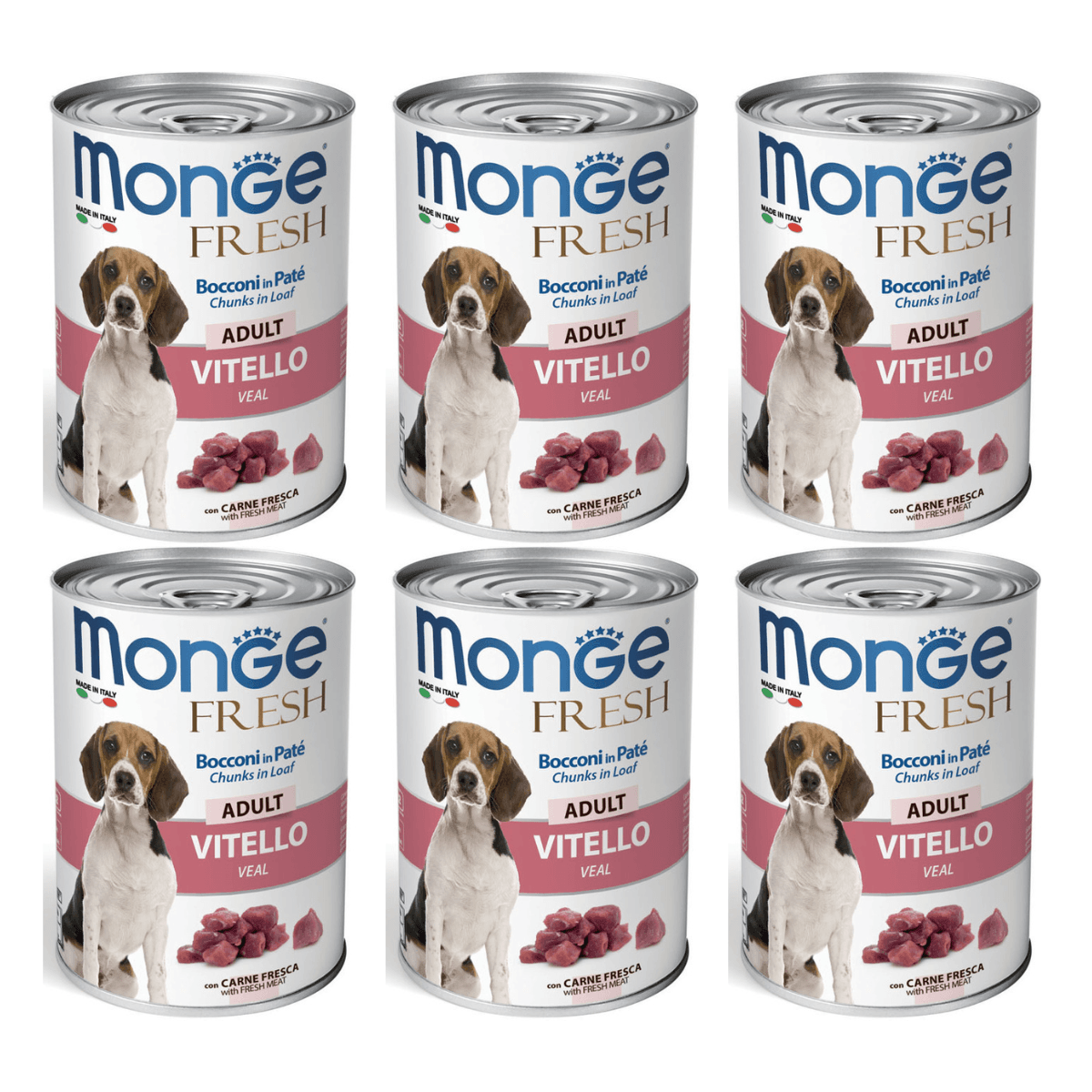 MONGE Fresh, cu Vitel si Vegetale, Set Conserve Hrana Umeda Pentru Caini (pateu cu bucatele de carne), 6x400g