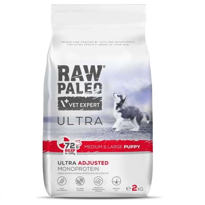 RAW PALEO ULTRA Puppy Medium / Large, cu Vita, Hrana Uscata Monoproteica, Fara Cereale, Pentru Catei Juniori Talie Medie / Mare 2kg