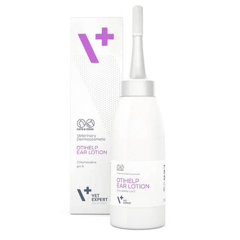 VETEXPERT Otihelp, Emulsie Auriculara Antiseptica, cu Clorhexidina, Efect Antimicrobian si Antimicotic, Curatarea Urechilor Caine / Pisica, 75ml