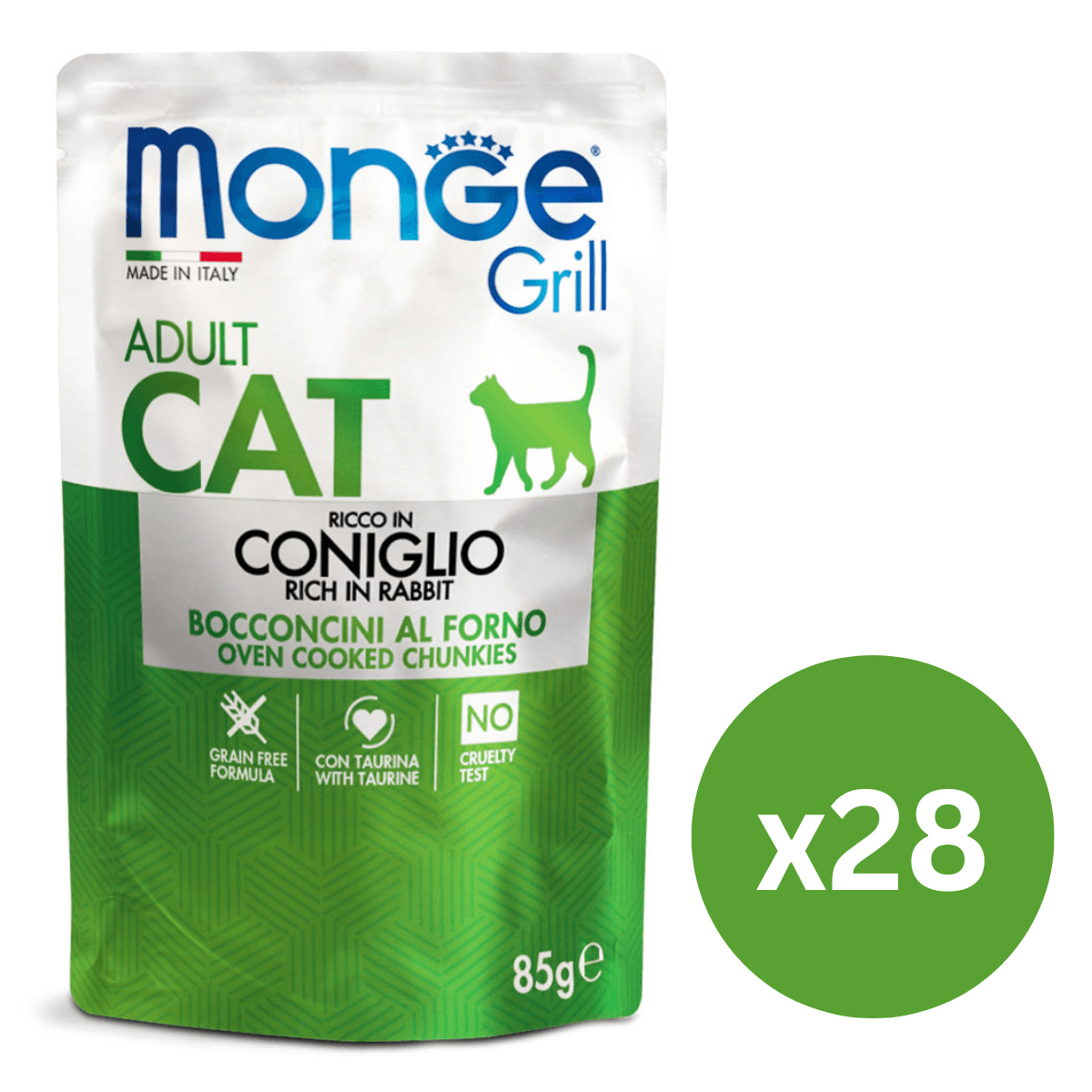 MONGE Grill Adult Cat, cu Iepure, Set Plicuri Hrana Umeda Fara Cereale Pentru Pisici (bucatele carne in aspic), 28x85g