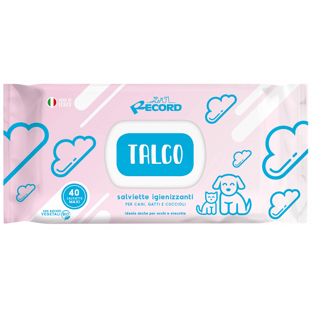 RECORD Servetele Umede Antibacteriene, cu Extracte Organice Vegetale, Aroma Talc, Pentru Caini si Pisici, 40Buc