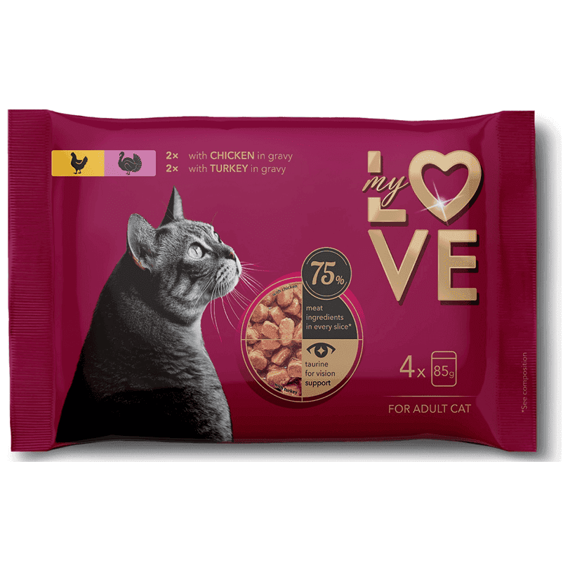 MY LOVE CAT Set Hrană Umedă pentru Pisici Adulte cu Pui si Curcan, 4x85 g