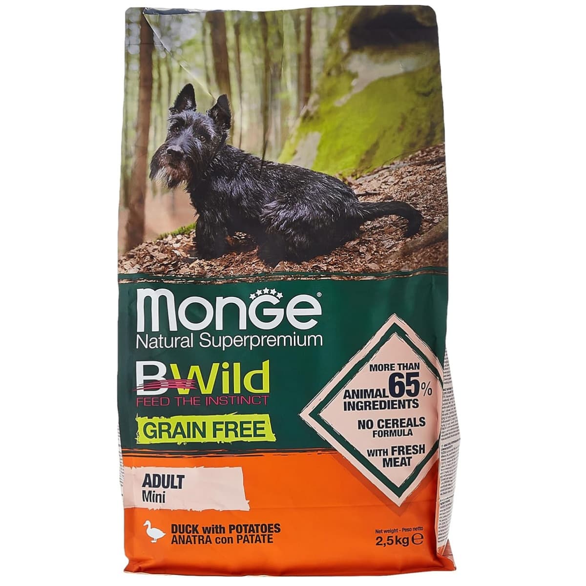 MONGE BWild Grain Free Mini Adult, cu Rata si Cartofi, Hrana Uscata Fara Cereale Pentru Caini de Talie Mica, 2.5kg