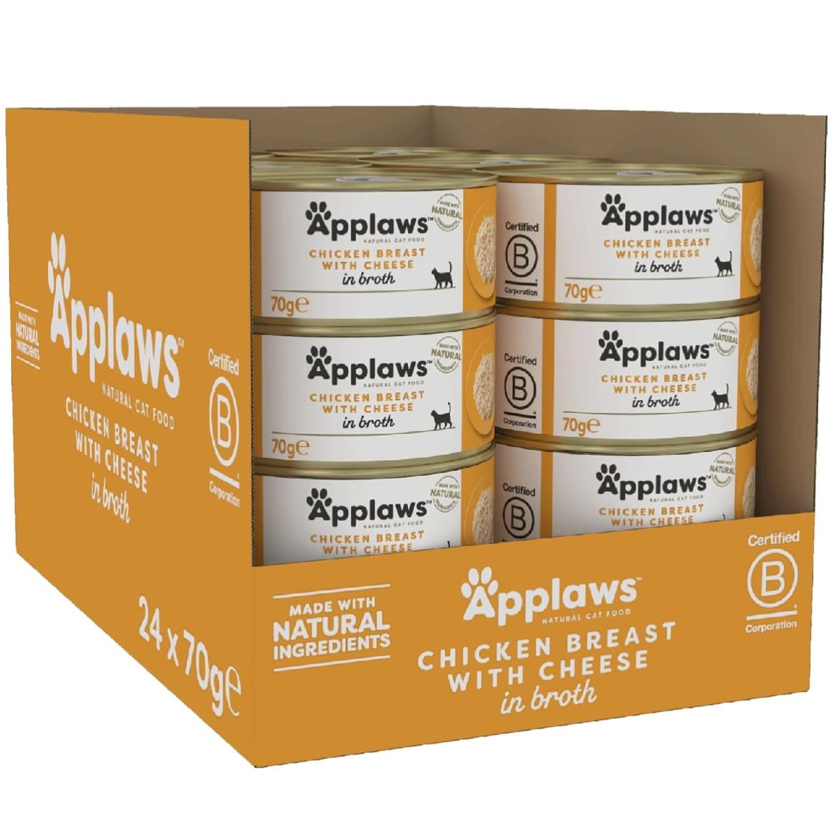 APPLAWS 100% Natural, Bax Conserve Hrana Umeda Pisici, Piept de Pui si Branza in Supa, 24x70g