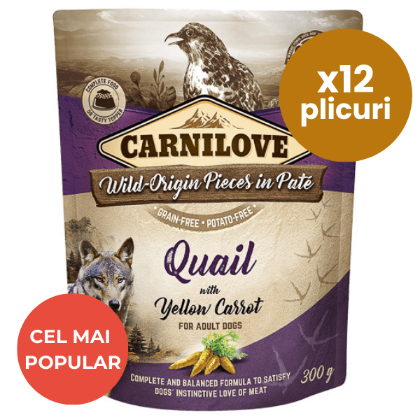 CARNILOVE Dog Pouch Pate Prepeliță cu Morcov Galben Set 12x300 g