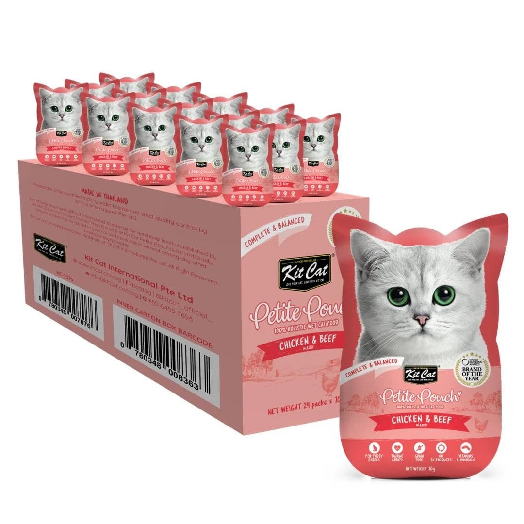 KIT CAT Petit Pouch, Bax Plicuri Hrana Umeda Pentru Pisici, Pui si Vita in Aspic, 24x70g
