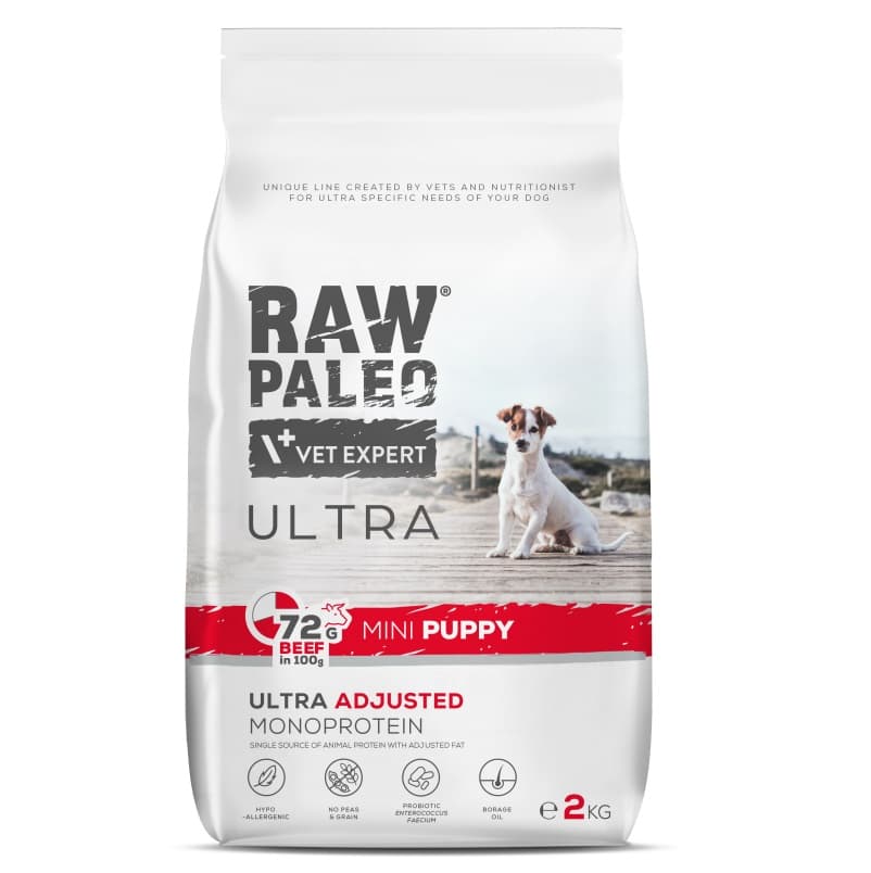 RAW PALEO ULTRA Puppy Mini, cu Vita, Hrana Uscata Monoproteica, Fara Cereale, Pentru Catei Juniori Talie Mica, 2kg