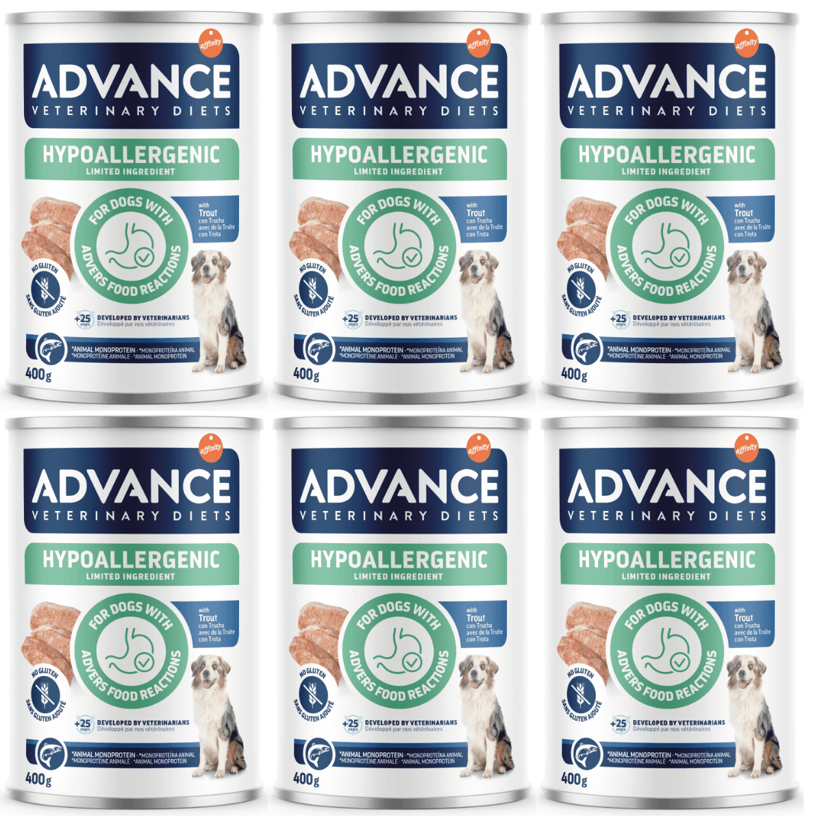 ADVANCE Veterinary Diets Dog Hypoallergenic, cu Pastrav, Set Conserve Hrana Umeda Monoproteica Pentru Caini Alergici, 6x400g