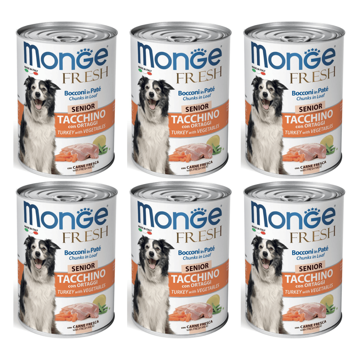 MONGE Fresh, cu Curcan si Vegetale, Set Conserve Hrana Umeda Pentru Caini Seniori (pateu cu bucatele de carne), 6x400g