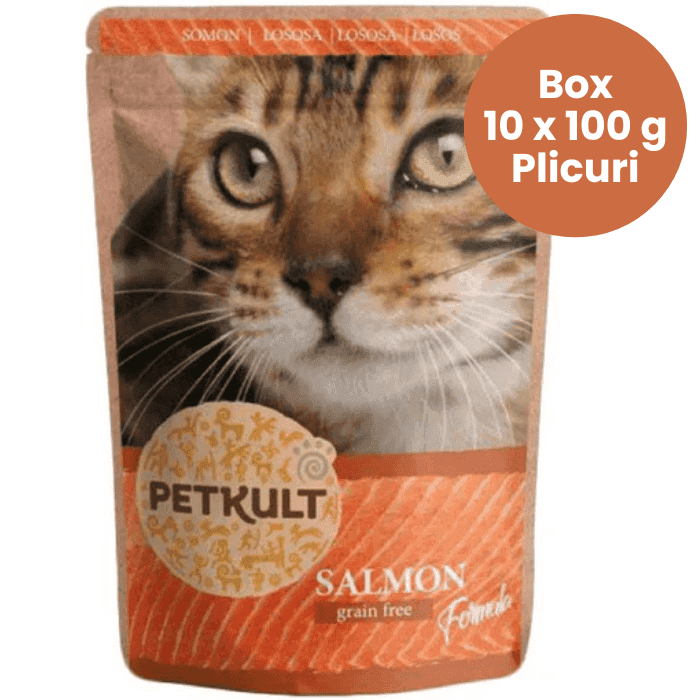 PETKULT Adult cu Somon Box 10x100 g | Plic Hrana Umeda fara Cereale pentru Pisici Adulte