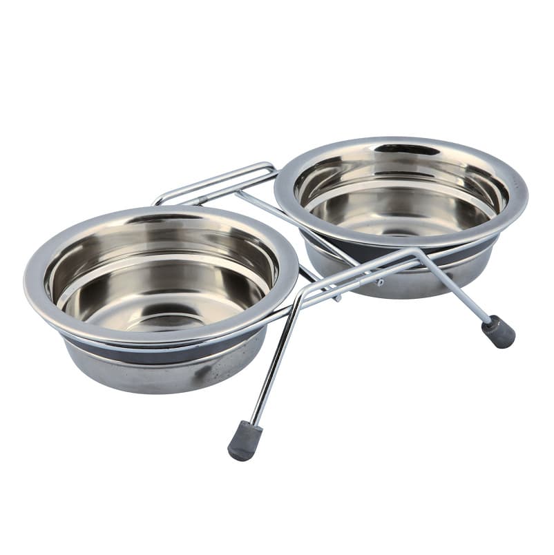 Set 2 Castroane Inox, Dispuse pe Suport Metalic, Pentru Caini, 2x450ml