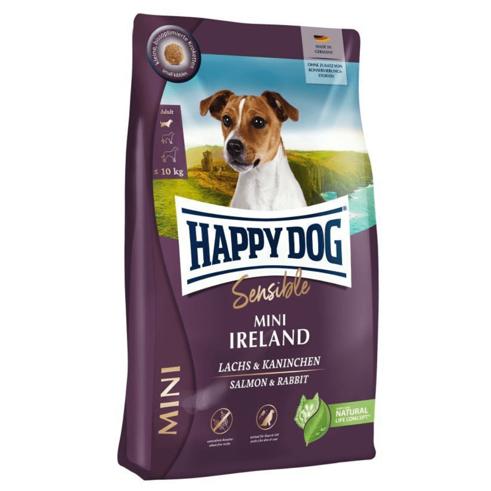HAPPY DOG Mini Sensible Ireland, cu Somon si Iepure– Hrană Uscată pentru Câini Adulți de Talie Mica, pentru o Piele Sănătoasă și Blană Strălucitoare, 10kg