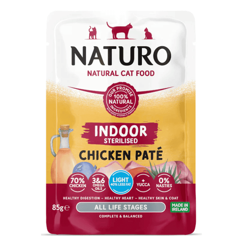 NATURO Adult Cat Indoor Sterilised Light Pate Grain Free cu Pui 85 g | Hrana Umeda Completa pentru Pisici Adulte de Interior, Sterilizate sau cu Tendinta de Ingrasare