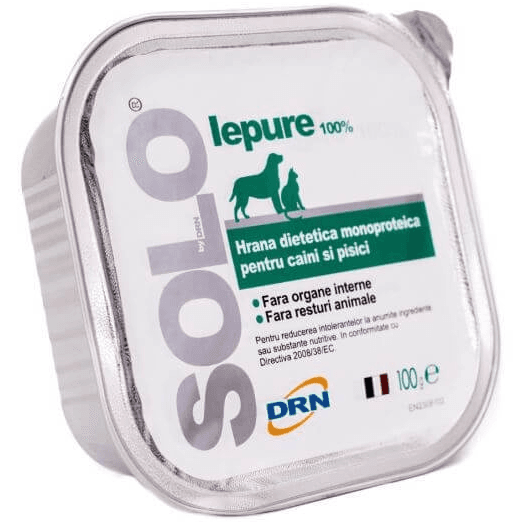 SOLO DRN, cu Iepure, Hrana Umeda Dietetica Monoproteica Pentru Caini si Pisici, 100g