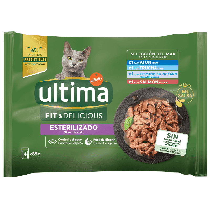 ULTIMA Cat Fit & Delicious Sterilised, Selecţie 4 Tipuri Carne de Peşte, 4×85 g | Hrană Umedă pentru Pisici Sterilizate | Suport pentru Piele Sănătoasă şi Blană Strălucitoare