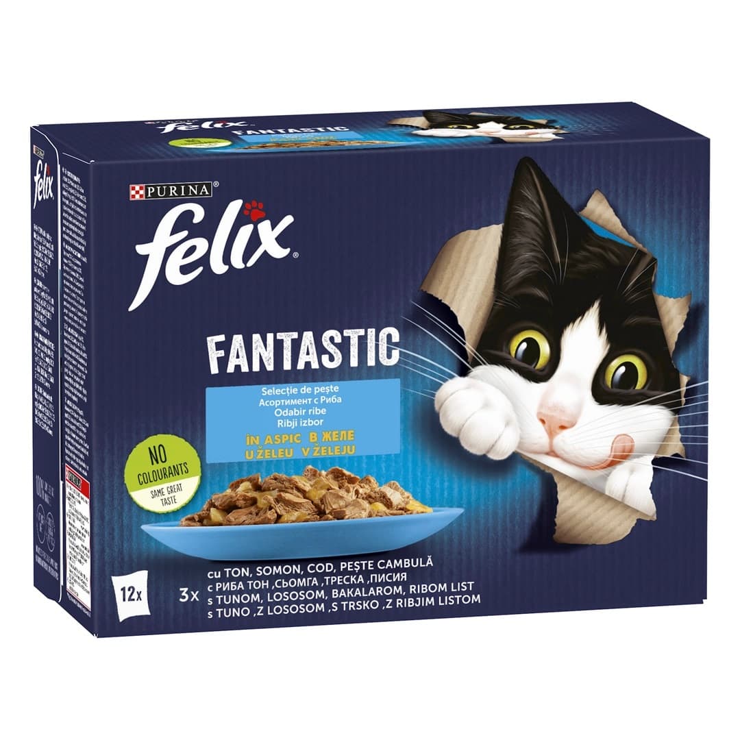 FELIX Fantastic , cu Ton | Somon | Cod si Cambula in Aspic, Set Plicuri Hrana Umeda Pentru Pisici Adulte, 12x85g