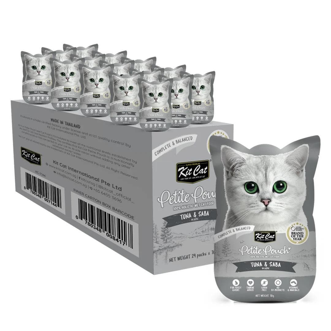 KIT CAT Petit Pouch, Bax Plicuri Hrana Umeda Pentru Pisici, Ton si Macrou in Aspic, 24x70g