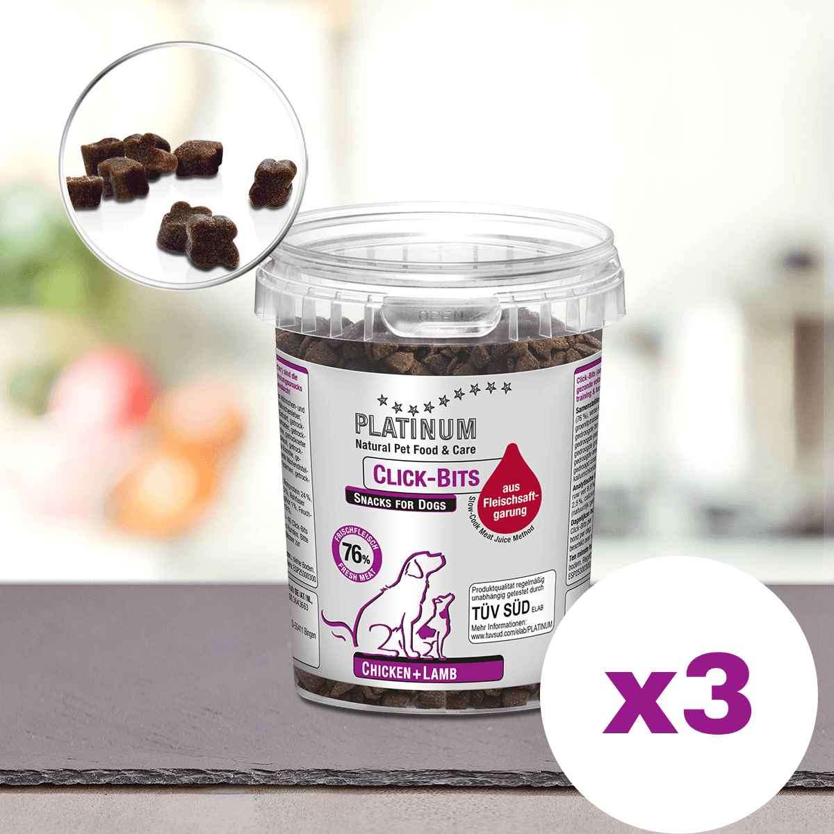 PLATINUM Natural Pet Food & Care Click-Bits, Pui si Miel, Set Recompense Fara Cereale Pentru Caini, 3x300g