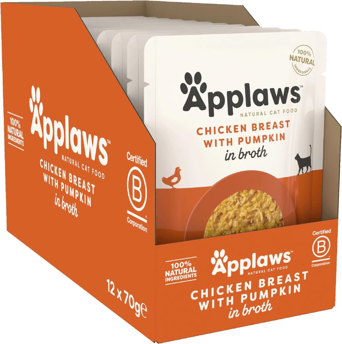 APPLAWS 100% Natural Bax Hrana Umeda Pisici, Piept de Pui si Dovleac in Supa, 12x70g