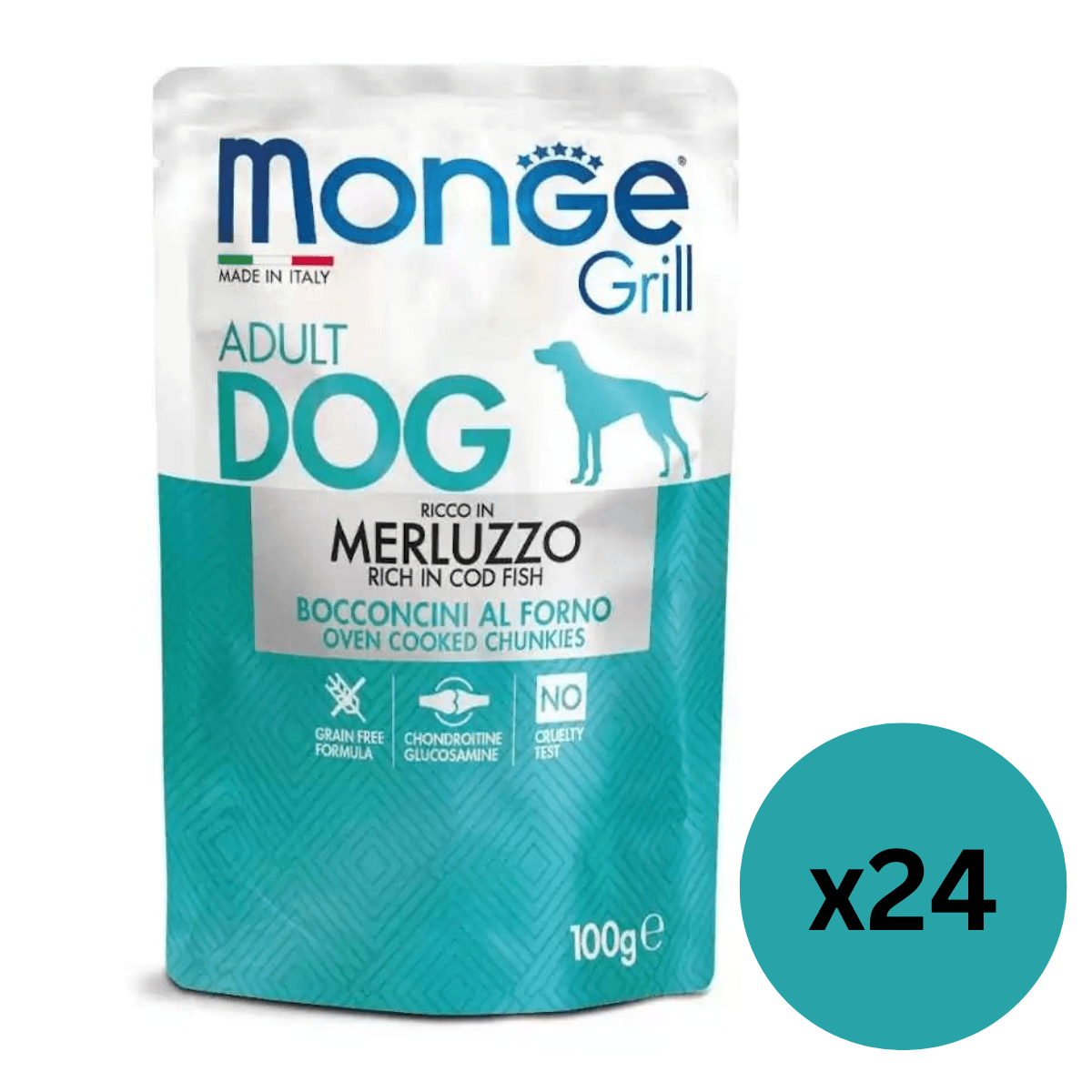 MONGE Dog Grill, cu Cod, Set Plicuri Hrana Umeda Fara Cereale Pentru Caini, 24x100g