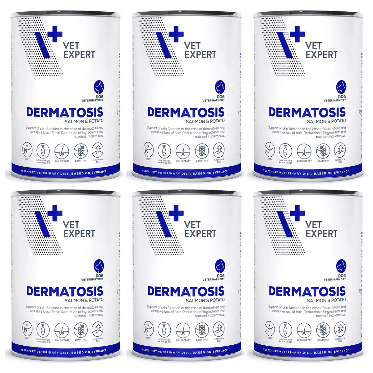 VETEXPERT VETERINARY DIETS Dermatosis, cu Somon, Set Conserve Hrana Umeda Caini cu Afectiuni Dermatologice, Atopii, Cadere Excesiva Par, 6x400g
