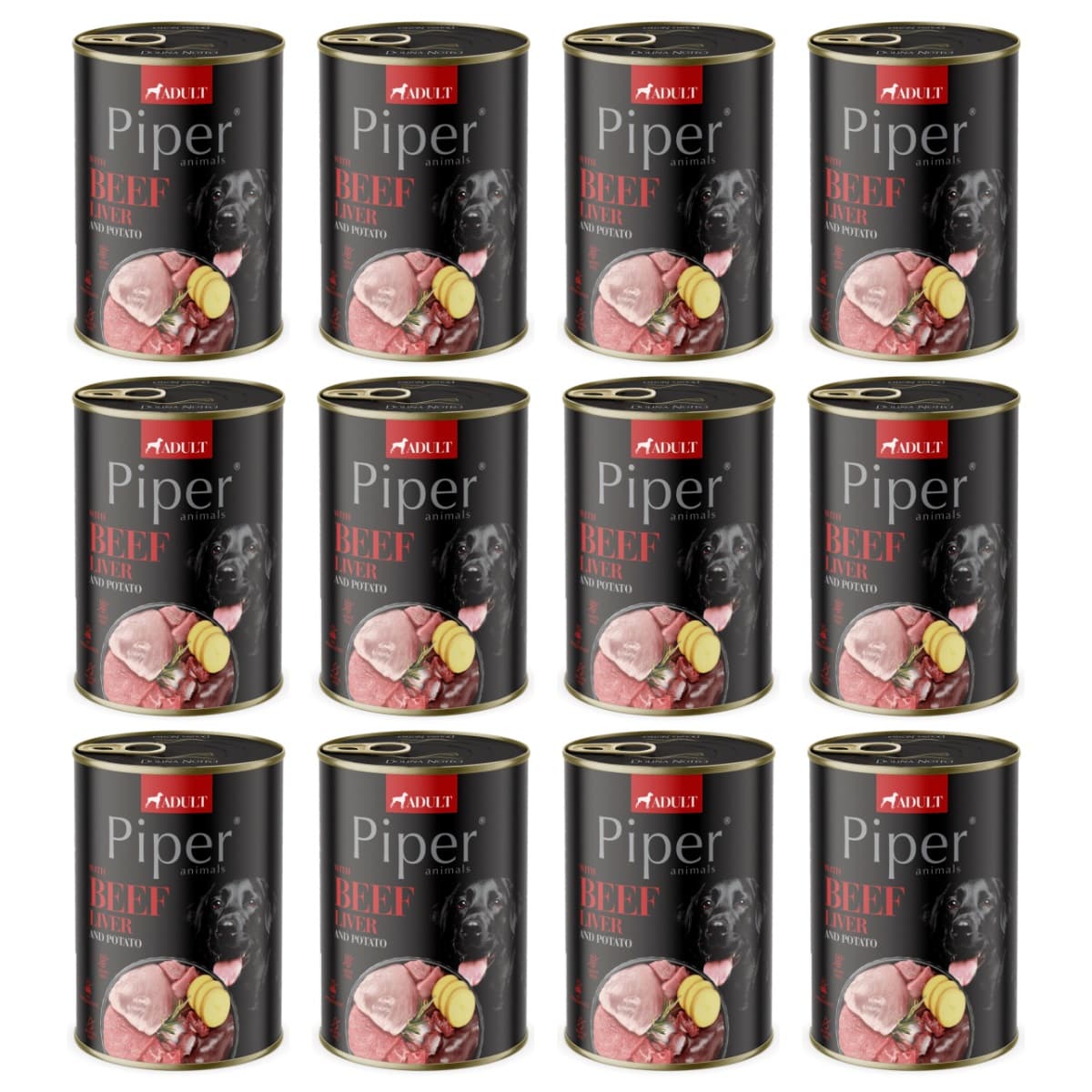 PIPER Dog Adult, cu Ficat de Vita si Cartofi, Set Conserve Hrana Umeda Pentru Caini 12x400g
