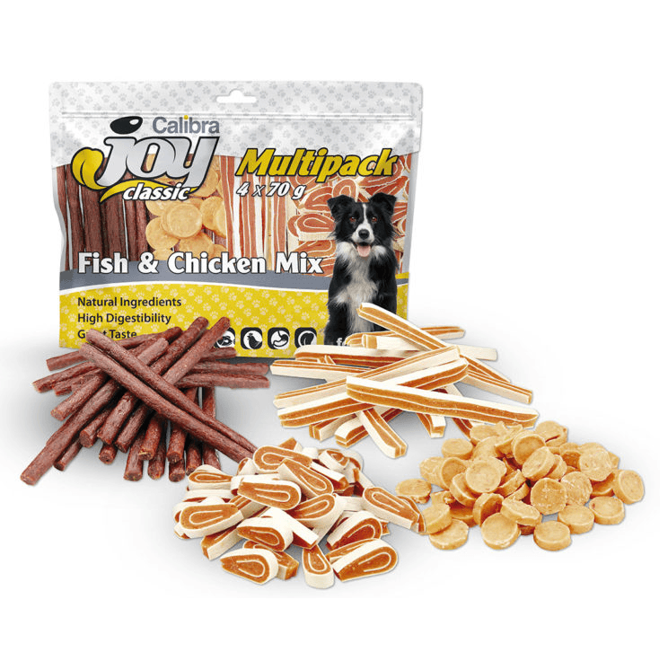CALIBRA DOG JOY Classic Multipack Mix Peste si Pui, Recompense Fara Cereale, Caini, Bucati Carne, 4x70g