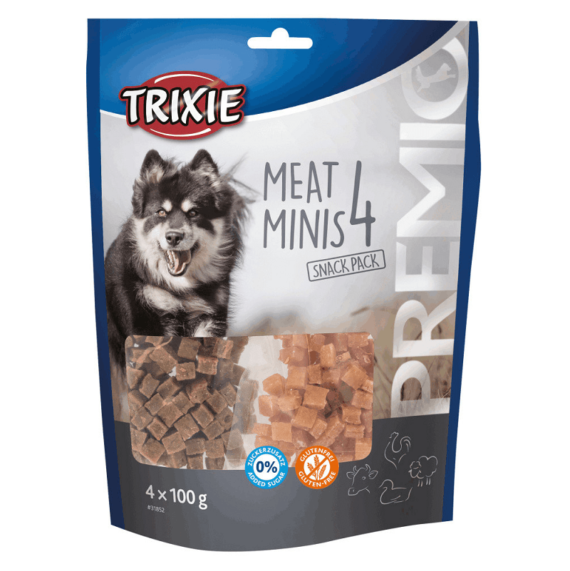 Recompense Pentru Caini PREMIO MINIS Cuburi cu Carne de Pui, Rata, Vita si Miel, 4x100g
