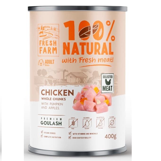 FRESH FARM Goulash cu Piept de Pui (80%), Dovleac si Mere, 400 g - Hrana Umeda Fara Cereale pentru Caini, Reteta Gatita la Aburi