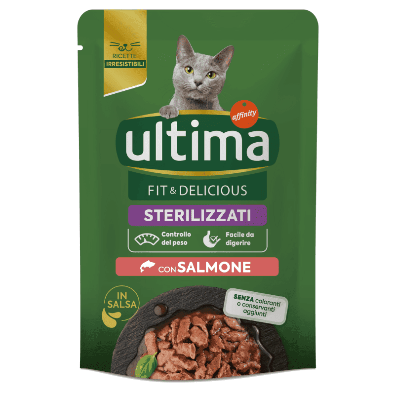 ULTIMA Cat Fit & Delicious Sterilised Somon 85 g | Hrană Umedă pentru Pisici Sterilizate | Suport pentru Piele Sanatoasa si Blana Stralucitoare