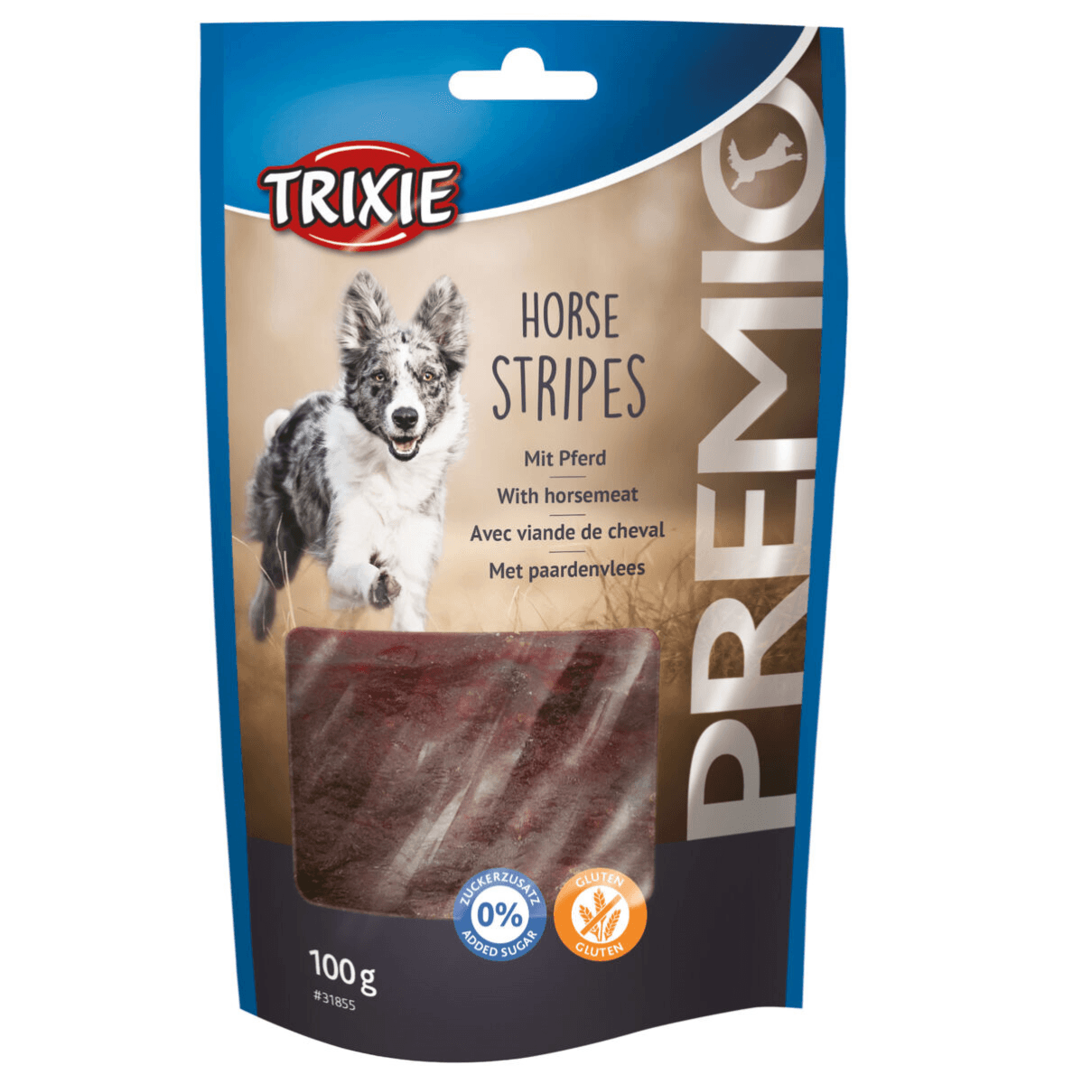 Recompense Pentru Caini Alergici PREMIO, Fasii Carne de Cal, 100g